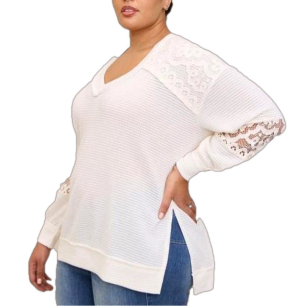 Torrid Neutral Waffle V-Neck Lace Inset Sweatshirt 6X NWT